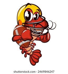 cute shrimp vector character mascot illustration playing american football wearing a helmet and carrying an oval ball, work of hand drawn