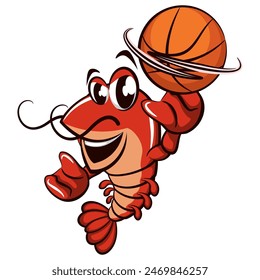 cute shrimp vector character mascot illustration playing basketball, work of hand drawn