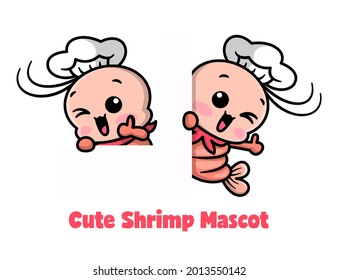 CUTE SHRIMP IS WEARING CHEF HAT AND SMILING. CARTOON MASCOT SET