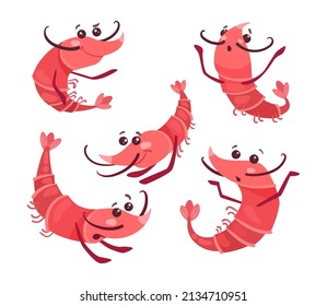 Camarones cortos con hermosas caras ilustradas. Personajes de gamba rosada felices, asustados y sorprendidos en diferentes poses aisladas de fondo blanco. Animales marinos, mariscos, concepto oceánico