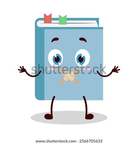 cute shut up expression of blue book cartoon character mouth closed with plaster
