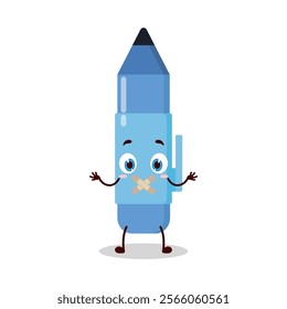 cute shut up expression of blue pen cartoon character mouth closed with plaster
