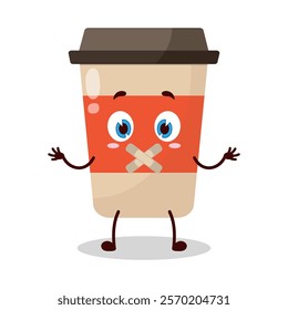 cute shut up expression of coffee cup cartoon character mouth closed with plaster
