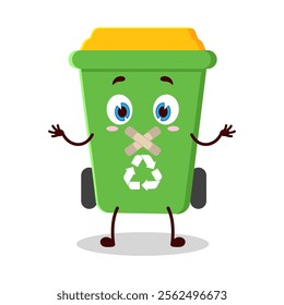 cute shut up expression of trash bin cartoon character mouth closed with plaster
