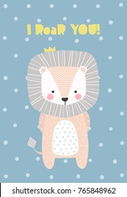 Cute and shy baby lion. Vector illustration in Scandinavian style with text. Funny, cute poster.