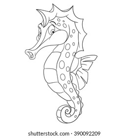 cute and shy cartoon seahorse with long nose, curly tail and spots on a body, isolated on a white background