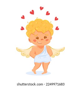 Cute shy cupid is embarrassed. Expression of love by child. Little angel boy with wings. Vector illustration for valentine day.