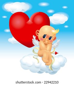 A cute shy cupid sitting on the cloud and a big red love heart with empty text area ready to use for valentine's day celebration.