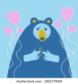 Cute shy and embarrassed bear blue background and some hearts 