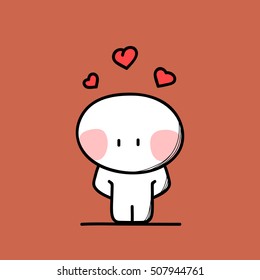 Cute shy funny man in love with hearts above the head on the red background. Valentine's day - cartoon vector illustration.