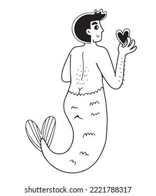 Cute and shy gay merman holding a heart.  Isolated hand drawn vector illustration in doodle style