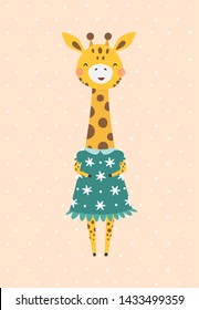 Cute and shy giraffe on an abstract background. Vector illustration in a scandinavian style. Cute and funny poster.