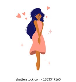 Cute Shy Girl With Closed Eyes Long Hair Hugs Herself. Selfcare Vector Illustration. Female Happiness. Body Positive, Self Care, Love Yourself. Happy Woman In Pink Dress. Valentines Women Day Postcard
