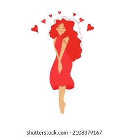 Cute shy girl with closed eyes and long hair hugs herself. Vector illustration of self-service. Women's happiness. Body positive, self-care, self-love. A happy woman in a pink dress. Valentine's Day G
