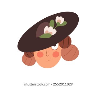 Menina tímida bonito de chapéu com acessório floral. Personagem feminina tímida, senhora com cachos, bochechas vermelhas, sorriso modesto, retrato de cabeça, avatar de rosto. Ilustração de vetor plano isolada no plano de fundo branco