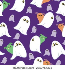 Cute, shy green and orange monsters hiding behind cute white ghosts on a purple background create this seamless repeat vector pattern design.