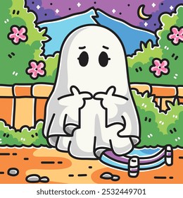 Ilustração de desenho animado de vetor fantasma tímido Halloween