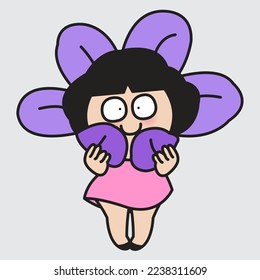 Cute Shy And Introvert Girl Hide Face Behind Flower Concept Card Character illustration