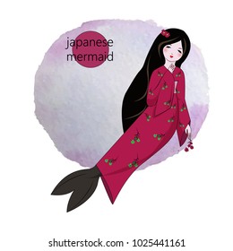 Cute and shy Japanese mermaid in kimono and with a cherry twig.