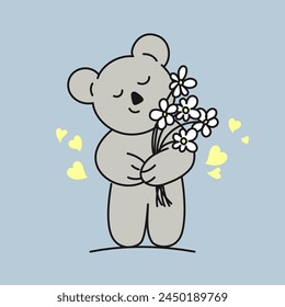 Cute Shy Koala Bear with flowers Vector Illustration. Template for t shirt, cover, poster, post card, banner, social media