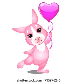Cute shy little pink bunny is jumping with an inflatable balloon in the shape of a heart isolated on white background. Vector cartoon close-up illustration.