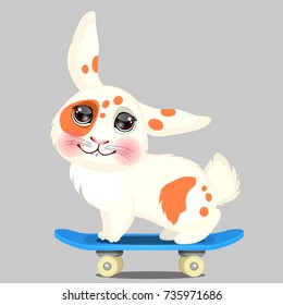 Cute shy little white spotted bunny is rides on skateboard isolated on gray background. Vector cartoon close-up illustration.