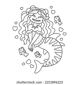 Cute shy mermaid shark. Funny cat fish girl. Adorable fairy tale sea creature. Tiger strips, cat ears. Coloring page for kids. Cartoon vector illustration. Isolated on white. Outlined artwork