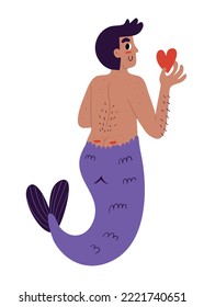 Cute and shy merman holding a heart.  Isolated hand drawn vector illustration flat style