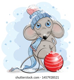 Cute shy mouse for Christmas with huge Christmas ball