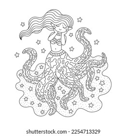 Cute shy octopus mermaid with ink. Funny fish girl with tentacles. Fantasy creature. Coloring page for kids. Cartoon vector illustration. Black and white colors. Outlined drawing. Isolated