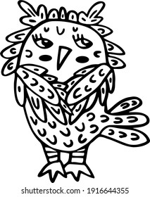 A cute shy owl covers its tummy with its wings. Picture with forest fairy bird. Funny clipart for children's books and prints. Vector cartoon illustration. Black and white outline owl doodle.
