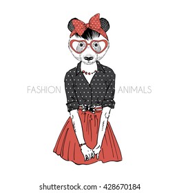 cute shy panda girl, furry art illustration, fashion animals, hipster animals