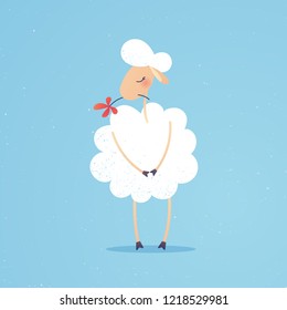 Cute shy sheep: adorable funny flirty female character in love emotion with closed eyes and with red flower in her mouth. Illustration of lamb in vector hand drawn style, doodle cartoon mascot