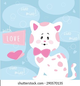 Cute, shy, spotted cat with a pink bow  vector illustration