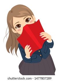 Cute shy student girl hiding behind red textbook