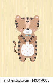 Cute and shy tiger with a bow tie on a simple background.  Vector illustration in a scandinavian style. Funny poster.