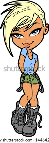 Smiling shy tomboy with skateboard in park