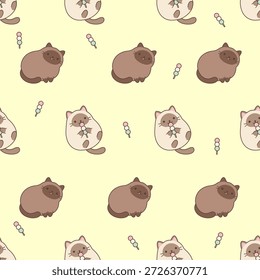 Gato siamés lindo con el modelo inconsútil de los dulces japoneses de Dango. Gato gordo kawaii y palo de mochi sobre fondo amarillo pastel. Patrón de Vector sin fisuras de dulce felino y postre japonés.