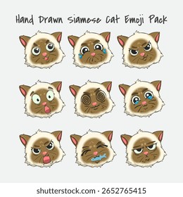 Cute siamese cat emoji set with 9 kawaii expressions. Flat colorful vector illustration for stickers, icons, pet designs, and children’s clipart