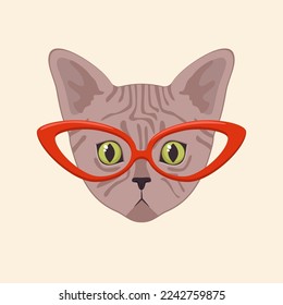 Cute siamese cat head with red glasses cartoon illustration. Stylish animal face or muzzle. Hipster kitten wearing modern or trendy accessory. Pet, fashion concept