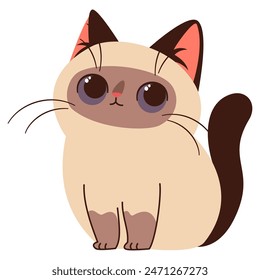 Cute Siamese  cat kitten, flat vector illustration on white background in cartoon style 