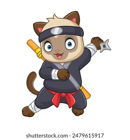 Cute siamese cat ninja cartoon on white background