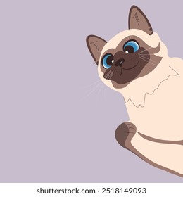 Cute Siamese cat peeking out of the corner Illustration for pet food packaging Vector image. Allowed and forbidden products for cat Isolated