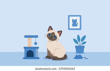 Cute Siamese Cat Sitting Indoor Flat Vector Illustration