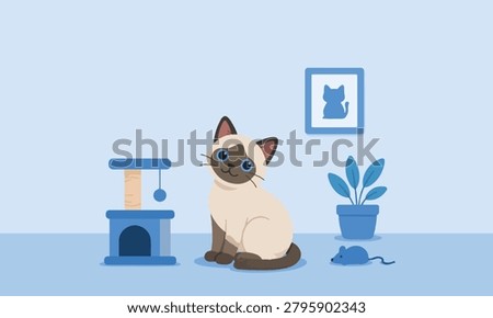 Cute Siamese Cat Sitting Indoor Flat Vector Illustration
