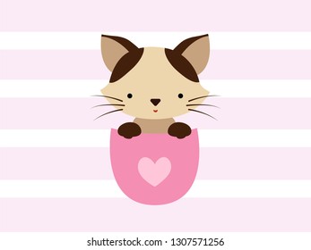Cute Siamese cat sitting in a pocket and smiling fun.Sweet kids graphics for t-shirts. Greeting card. Vector illustration.