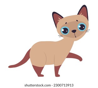 Cute Siamese Cat with Standing with Raised Paw Vector Illustration