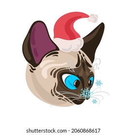 Cute Siamese cat wearing Santa hat. Christmas vector illustration with funny pet. 