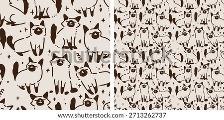 Cute Siamese Cats Seamless Pattern - Hand Drawn Kittens Vector Illustration