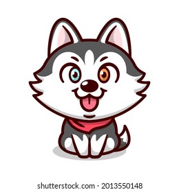CUTE SIBERIAN HUSKY WITH DIFERENT EYES COLOR IS SITTING AND SMILING CARTOON MASCOT.